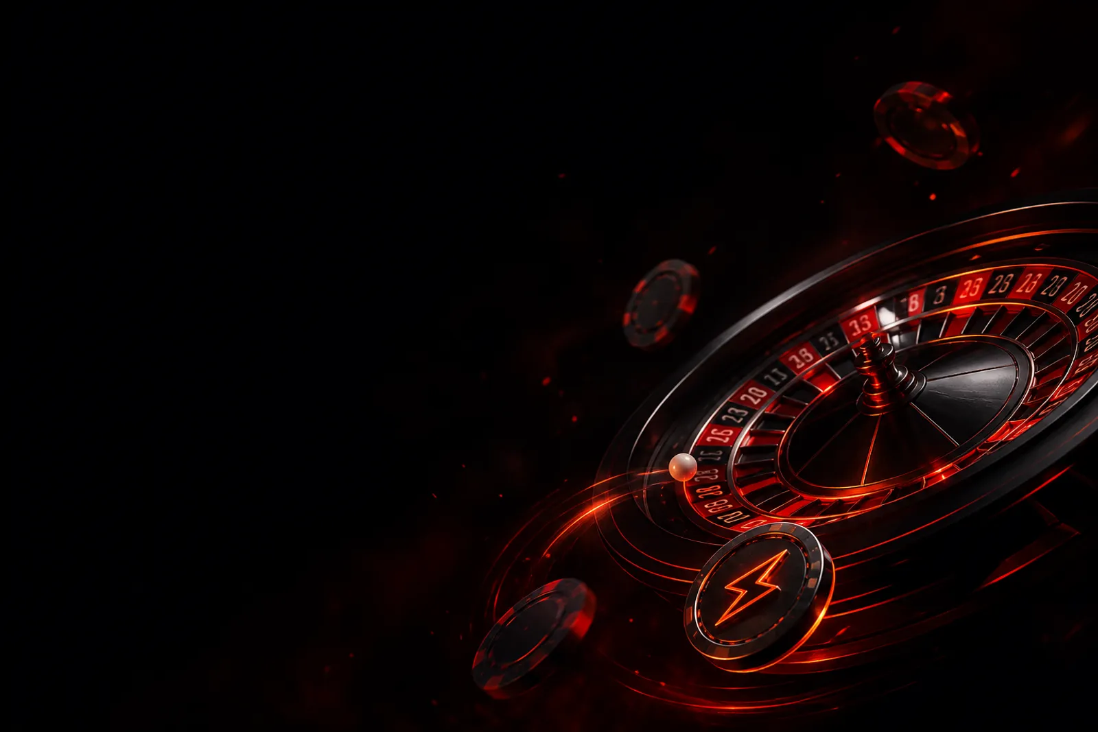 Dramatic partial roulette wheel with glowing red accents and a lightning-bolt token, dark premium casino aesthetic.